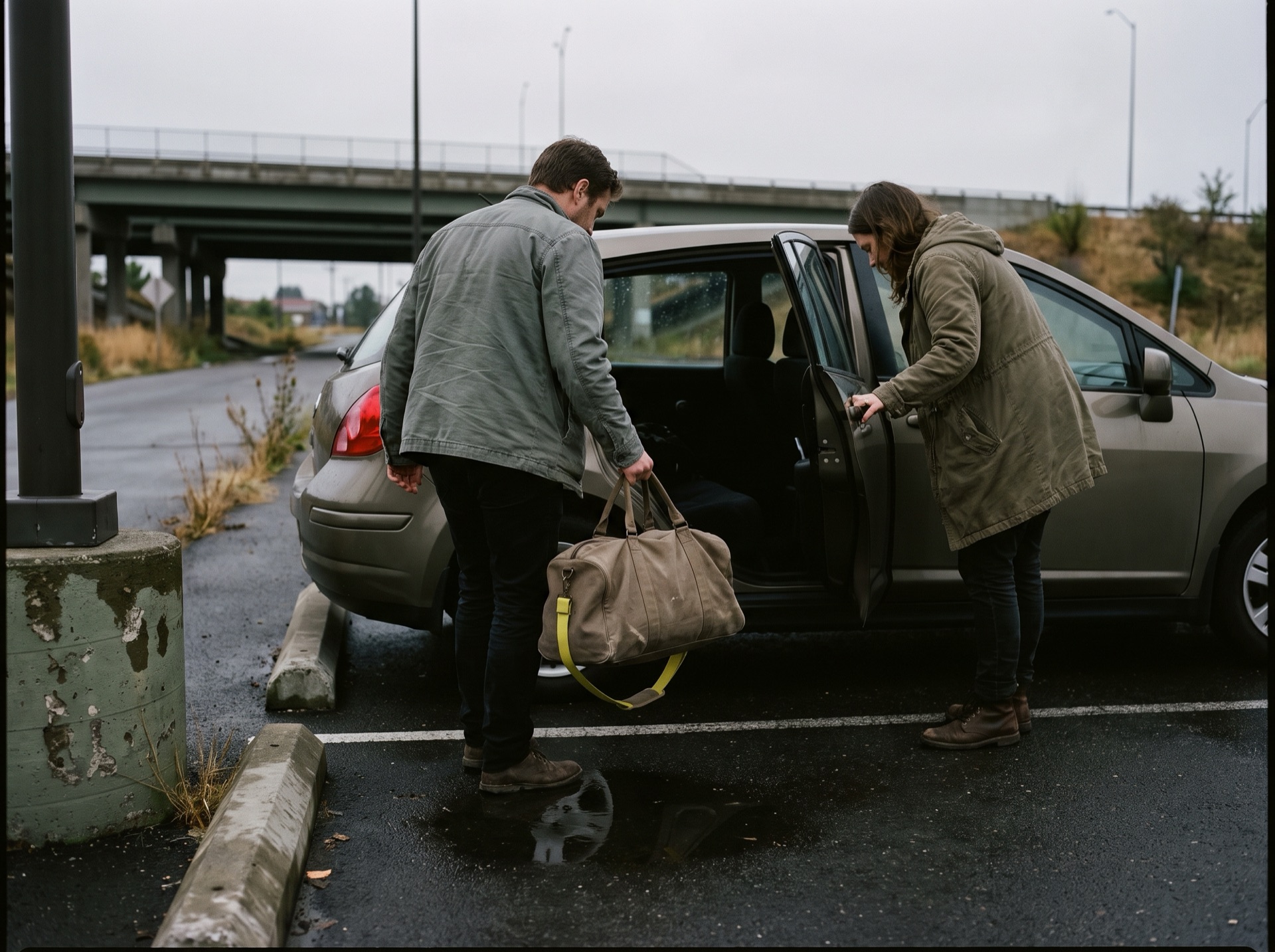 Two travelers meeting beside a compact car with their bag